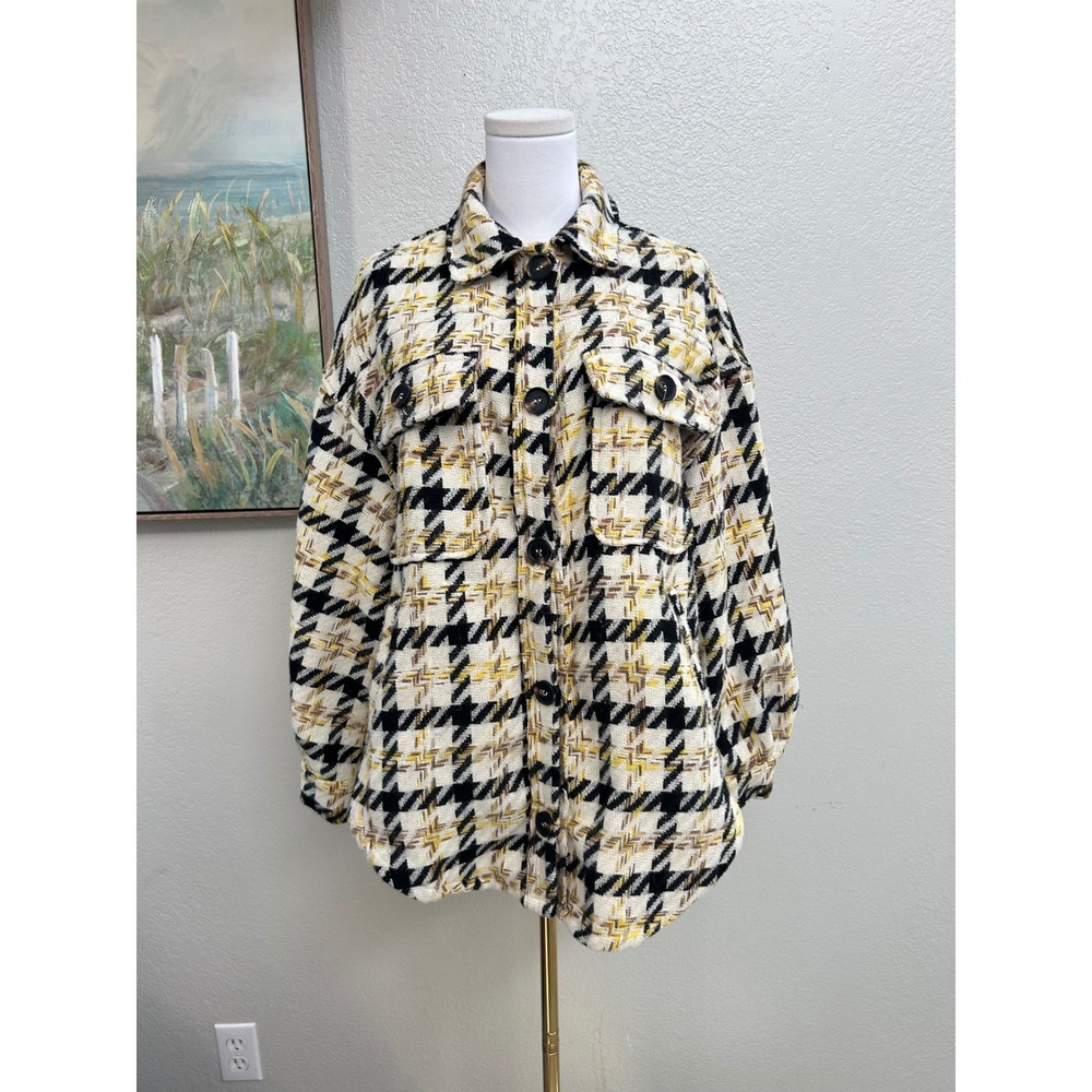 Listicle Houndstooth Shacket Womens Medium Black Yellow Plaid Button Up Jacket
